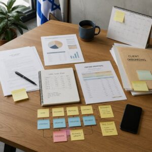 שולחן עבודה עם חוזים תמחור ותהליך עסקי להקמת סוכנות פרסום בלי ניסיון עסקי